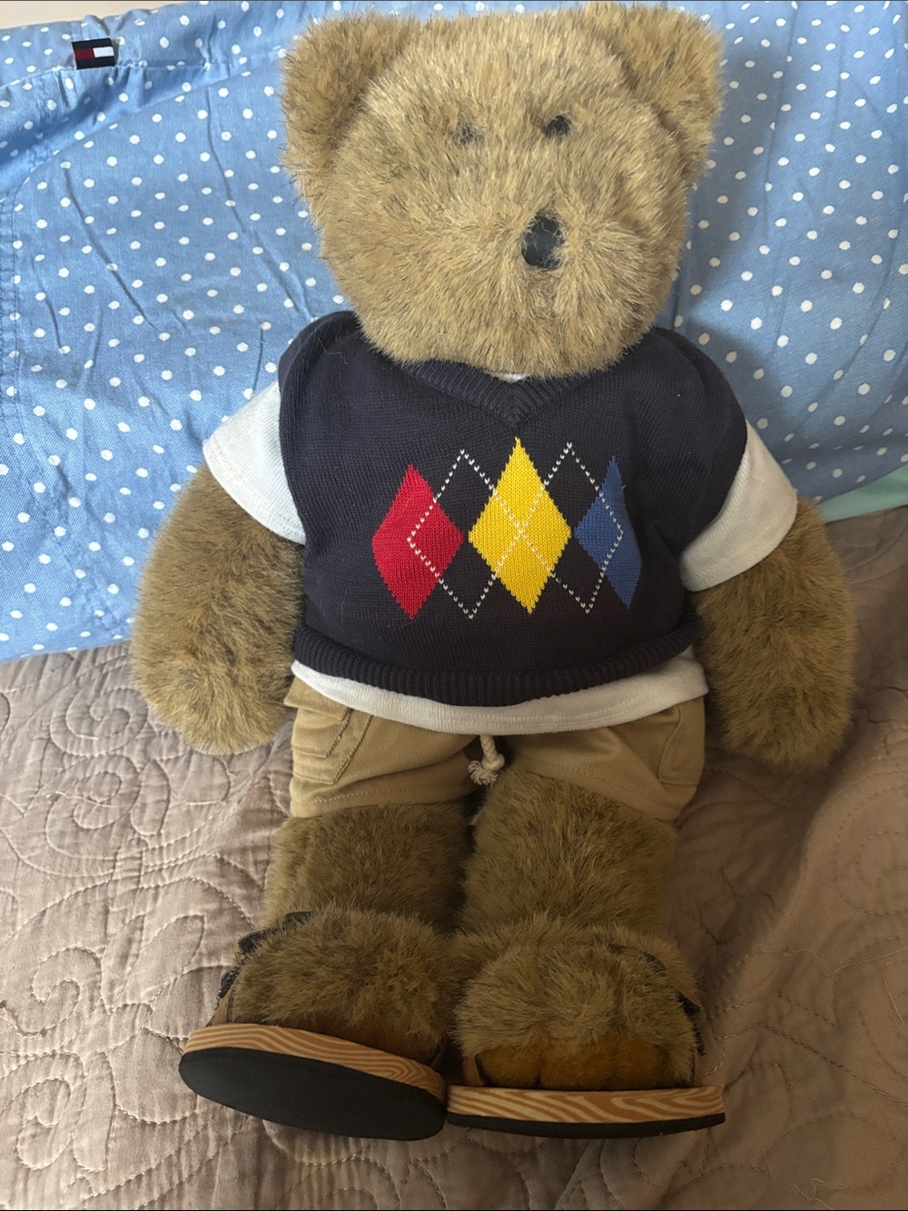 Build-A-Bear Brown Teddy in Navy Argyle Sweater with Red Yellow Blue Diamonds